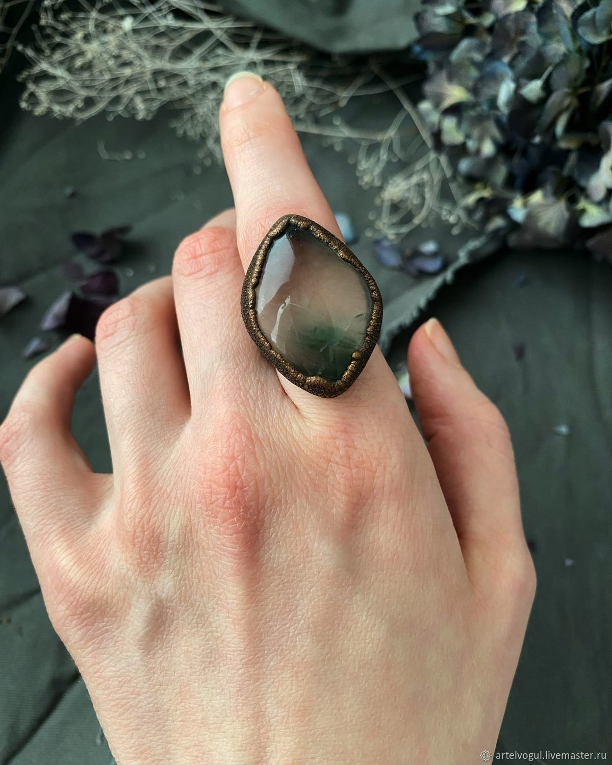 Praseolite copper ring with cat's eye effect, All finger ring, Nizhnij Tagil,  Фото №1