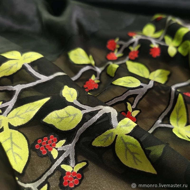 Natural silk, devore. Italy. Raspberry Garden, Fabric, Podolsk,  Фото №1