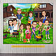 Collective cartoon (portrait). Family and a house in the country, a gift to parents, Caricature, Moscow,  Фото №1
