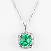 Украшения handmade. Livemaster - original item 1.66tcw Cushion Emerald & Diamond Halo Pendant 14k, Emerald Necklace,B. Handmade.