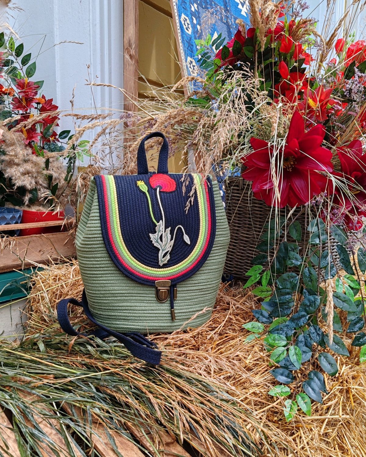 Рюкзак из хлопкового шнура с вышитым маком в интернет-магазине Ярмарка ...