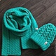 Ярко зелено-бирюзовый комплект из шарфа и шапки с отворотом, , Москва,  Фото №1