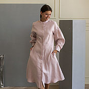 Одежда handmade. Livemaster - original item Linen dress with a pink stand-up collar. Handmade.