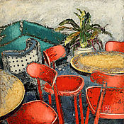 Картины и панно handmade. Livemaster - original item Painting Red chairs 60h60 cm (emerald, gray, cafe). Handmade.