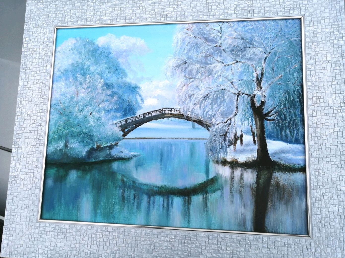 Зимний пейзаж с мостиком акрил