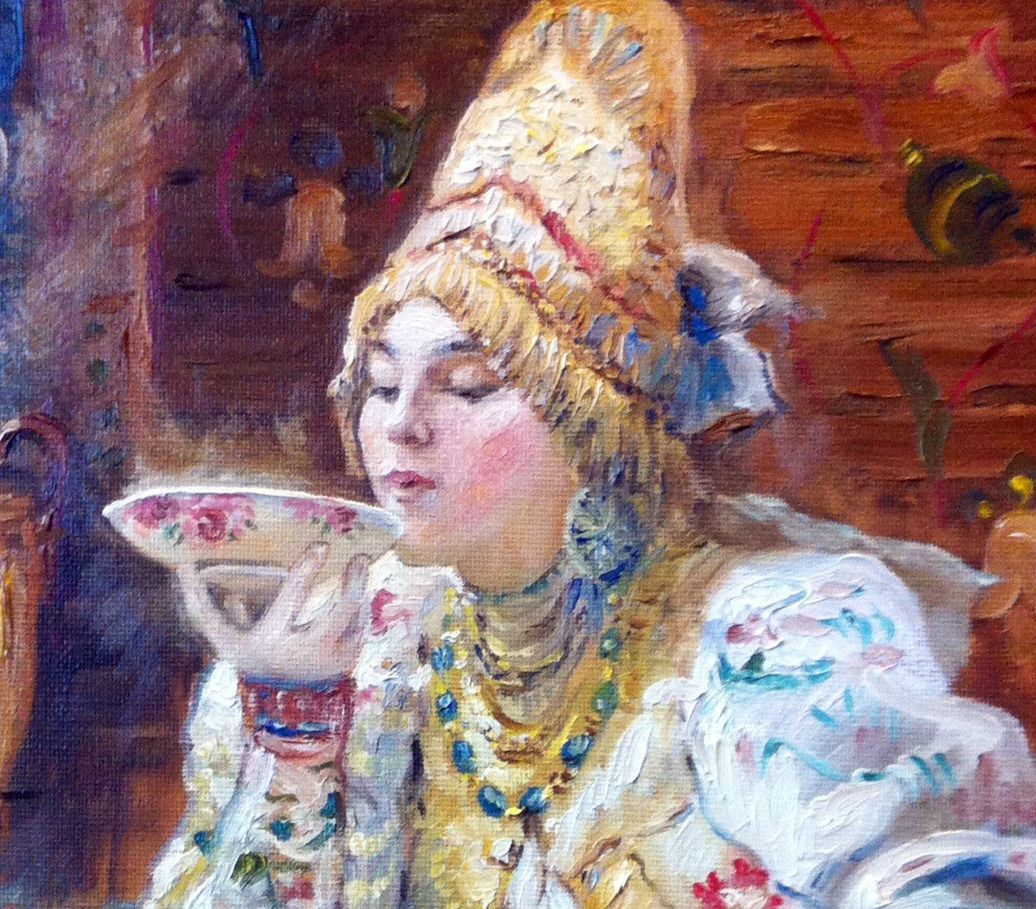 Барышня за чаем картина Маковский