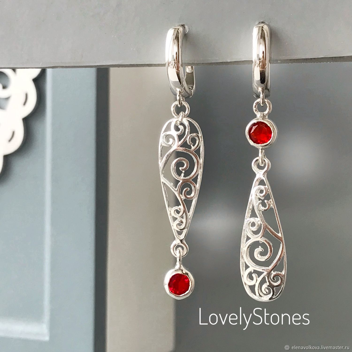 Asymmetrical Lace earrings, long, red, silver, lace, Earrings, Yaroslavl,  Фото №1