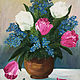 Picture»Spring flowers»Canvas. Oil. Tulips. Forget-me-nots, Pictures, Sergiev Posad,  Фото №1
