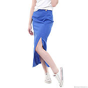 Одежда handmade. Livemaster - original item Skirt linen blue with a slit. Handmade.