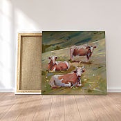 Картины и панно handmade. Livemaster - original item Pastel painting Summer landscape with cows (mustard brown). Handmade.