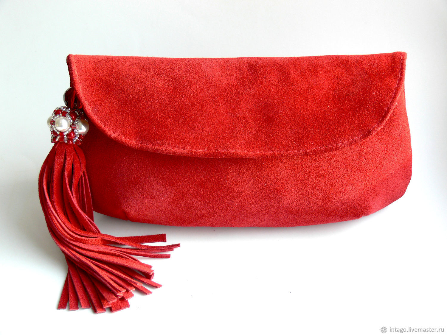 Red suede clutch bag with a brush on the chain, Classic Bag, Novosibirsk,  Фото №1