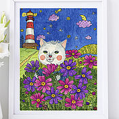 Картины и панно handmade. Livemaster - original item Poster in the interior Romantic cat Picture for a house with a lighthouse. Handmade.