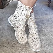 Обувь ручной работы handmade. Livemaster - original item Knitted high boots with lacing, white linen-cotton. Handmade.