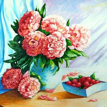 Картина маслом "Пионы и вишня". . Картины и панно ручной работы - Ярмарка Мастеров Картины и панно ручной работы. Ярмарка Мастеров - ручная работа Картина маслом "Пионы и вишня". Handmade.