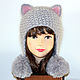 Hat cat ears Cat with POM-POM, grey fluffy knit women's. Caps. Space Cat Knitting. Online shopping on My Livemaster.  Фото №2