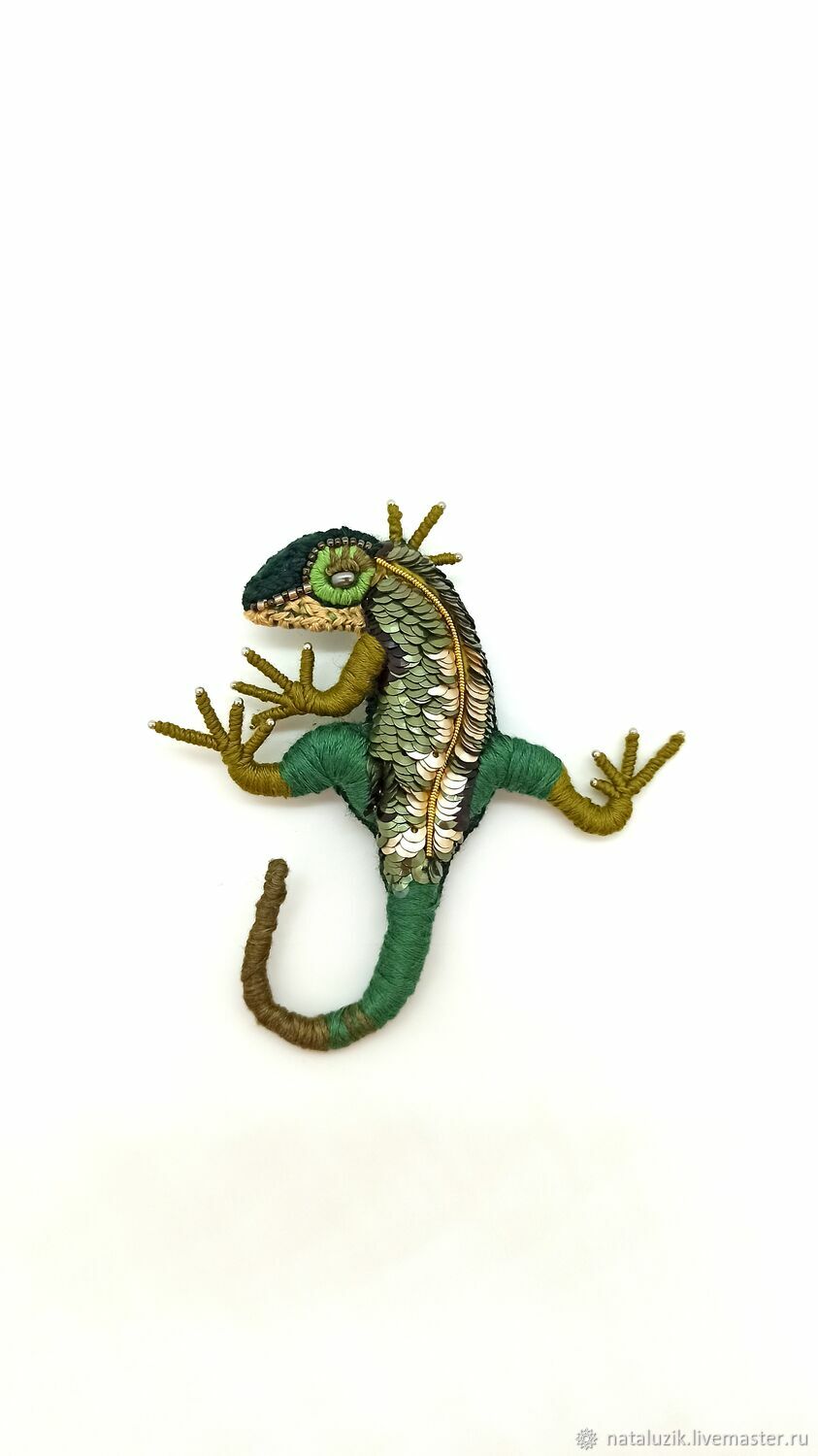 Lizard Brooch embroidered with sequins khaki, Brooches, St. Petersburg,  Фото №1