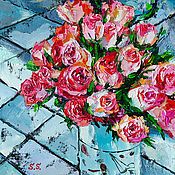 Картины и панно handmade. Livemaster - original item Oil painting rose flowers bouquet of roses in a vase 
