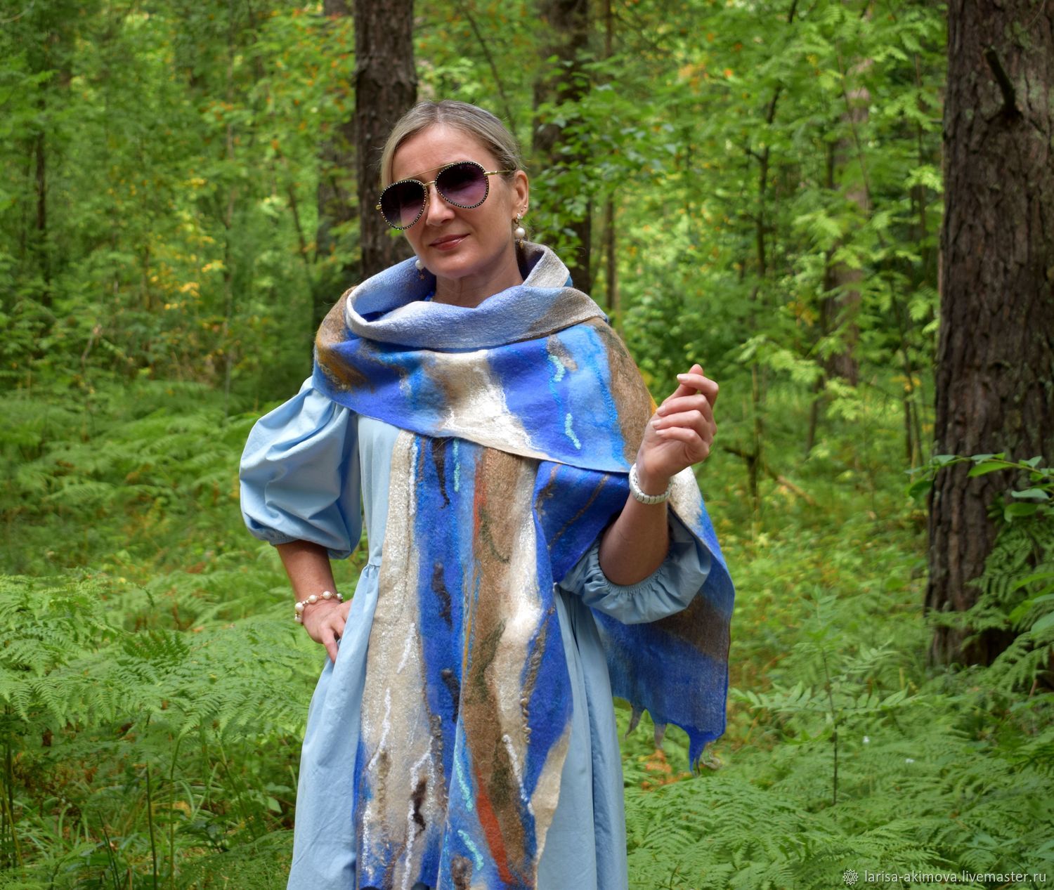 Sea blue felted scarf, soft delicate scarf, size 32 x 210 cm, Scarves, Berdsk,  Фото №1
