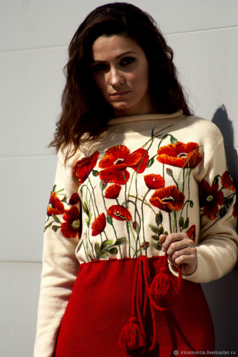 Cocktail red knitted women's dress with embroidery maquis – купить на ...