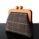 Brown tweed Bag on a wooden clasp with a strap, Clasp Bag, Bordeaux,  Фото №1