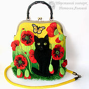 Сумки и аксессуары handmade. Livemaster - original item Bag Black cat and Poppies / bag felted wool felt bag. Handmade.