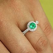 Украшения handmade. Livemaster - original item 1.45ct Genuine Colombian Emerald & Diamond Halo Engagement Ring 14K, H. Handmade.