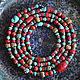 Very long (148 cm) bright coral-turquoise beads with Tibetan beads inlaid with coral and turquoise, mother of pearl and coconut beads - bright touch to summer outfits, have a light floor
