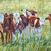 Картины и панно handmade. Livemaster - original item Watercolor painting Curious. Watercolor with calves.. Handmade.