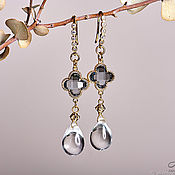 Украшения handmade. Livemaster - original item Long clover earrings in gilt with a drop of Czech glass. Handmade.