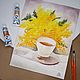 Watercolor painting a Cup of tea with a bouquet of Mimosa. Pictures. marselart. My Livemaster. Фото №4