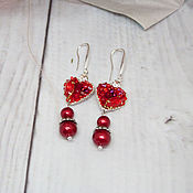 Сувениры и подарки handmade. Livemaster - original item Red heart earrings with cotton pearls, valentine gift.. Handmade.