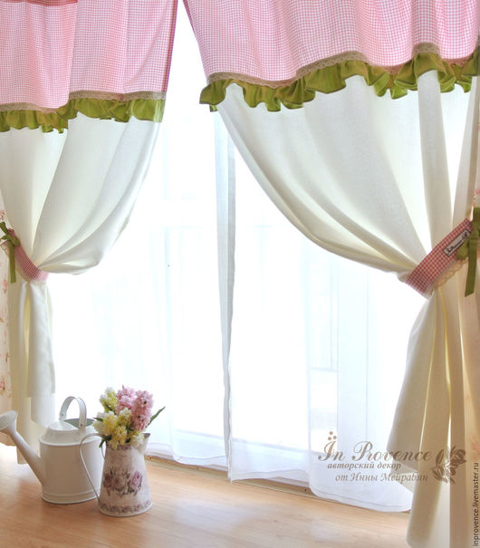 Шторы с розовой клеткой Прованс хлопковые. кухонные шторы. Шторы на заказ. Пошив штор Краснодар.