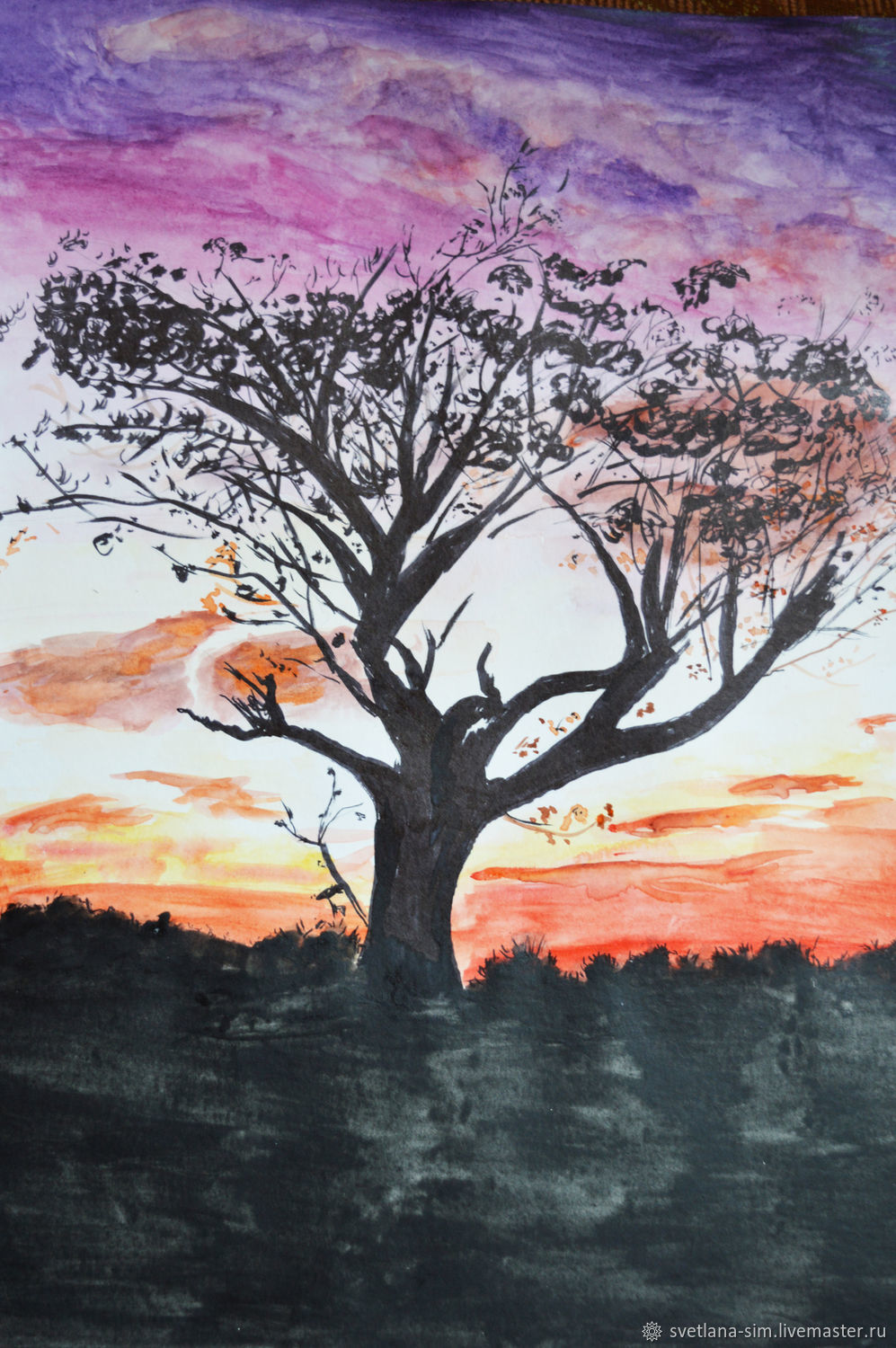 Деревья на закате живопись