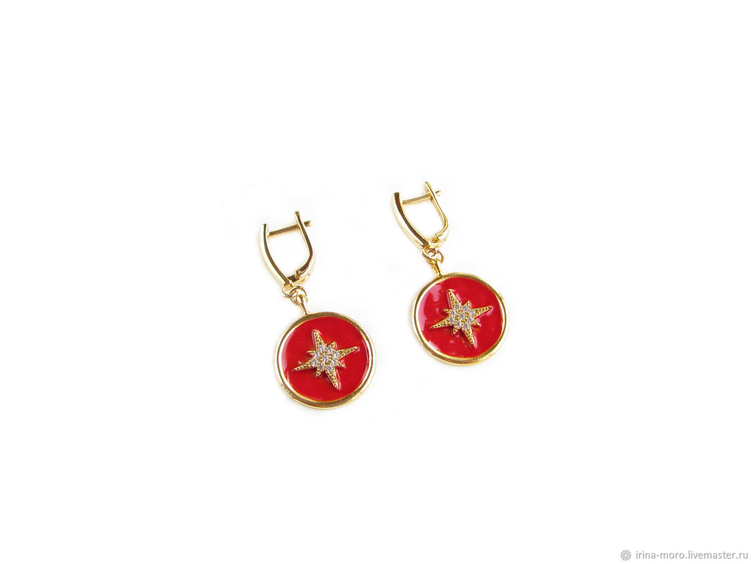 Red Enamel Earrings, Star earrings, circle earrings, Earrings, Moscow,  Фото №1
