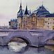 Urban landscape in watercolor Paris Conciergerie (purple beige bridge, Pictures, Yuzhno-Uralsk,  Фото №1