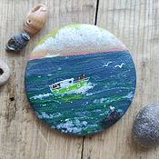 Украшения handmade. Livemaster - original item Brooch Longboat. Miniature on Canvas Boat at sea. Seascape. Handmade.