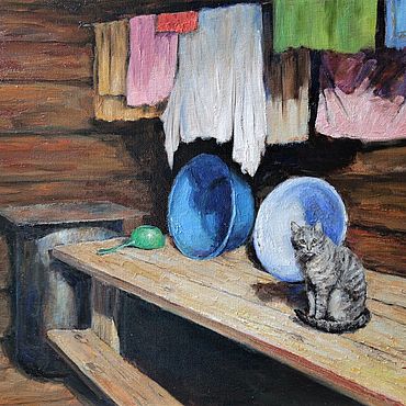 Картины и панно ручной работы. Ярмарка Мастеров - ручная работа «Деревенская мозаика»: Банный кот. Картина маслом. Handmade.