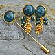 Brooch and ear studs with agate cabochons and cone pine, Stick pin, Bergen,  Фото №1