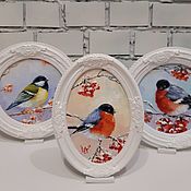 Картины и панно handmade. Livemaster - original item A picture with bullfinch birds, a bluebird on a rowan twig A picture in a frame. Handmade.
