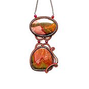 Ink soutache pendant, pendant with natural stone and painted