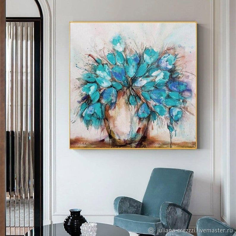 Картина на холсте Красивые голубые цветы в вазе Живопись маслом в дом в ...
