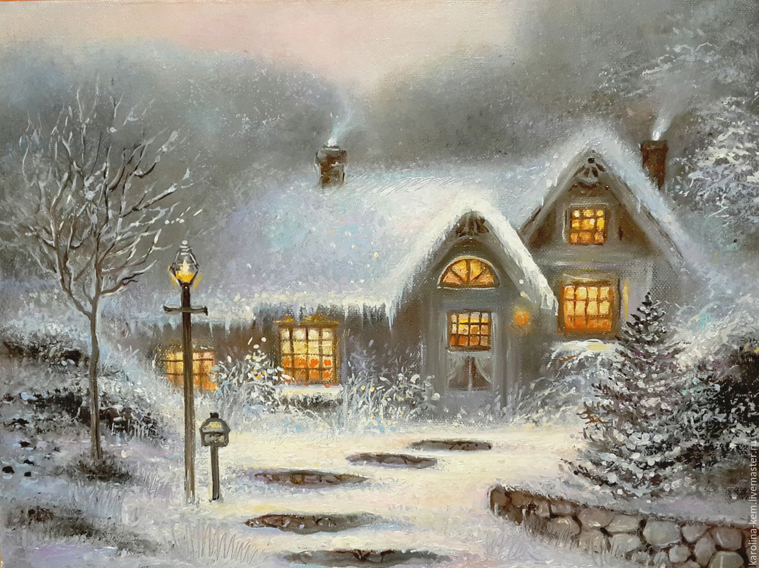 Тиха рождественская ночь. Зимний пейзаж с домиком. Сказочная зима. Сказочный домик зимой. Зимние иллюстрации.