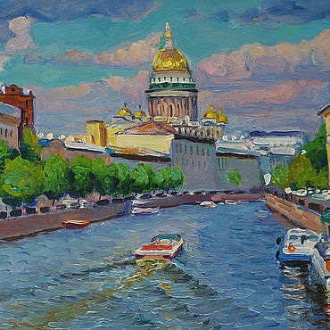 Картины и панно ручной работы. Ярмарка Мастеров - ручная работа Картины: Летний пейзаж в Петербурге, вид на реку Мойку, облачный день. Handmade.