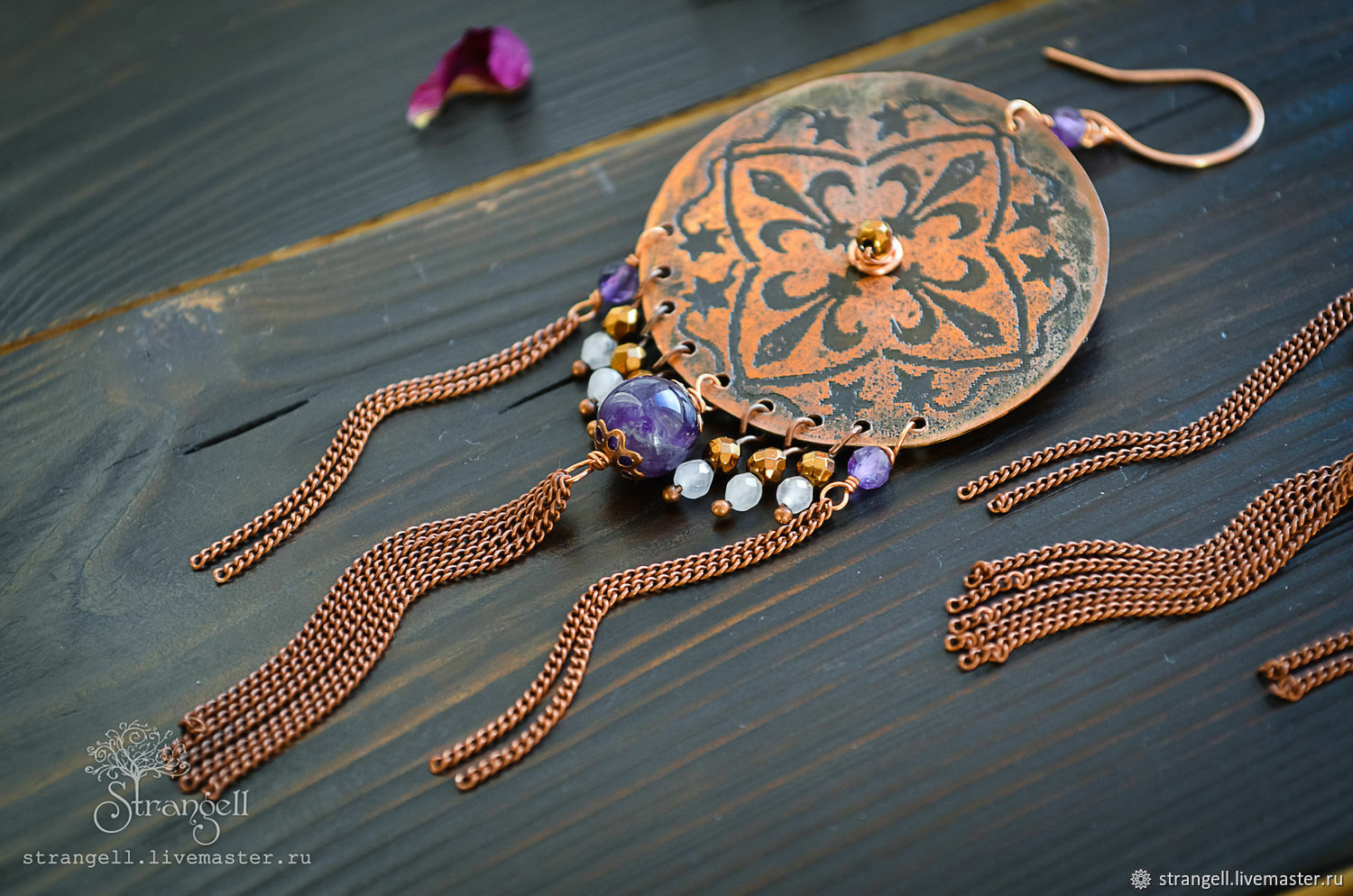 Stargazer's Riddle Earrings with tassels. Copper, Amethyst, Quartz, Tassel earrings, Ulan-Ude,  Фото №1