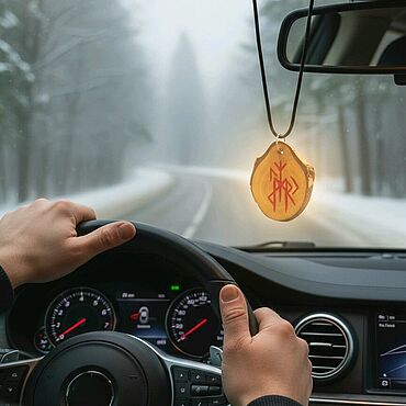 водитель держит амулет в руке перед дорогой