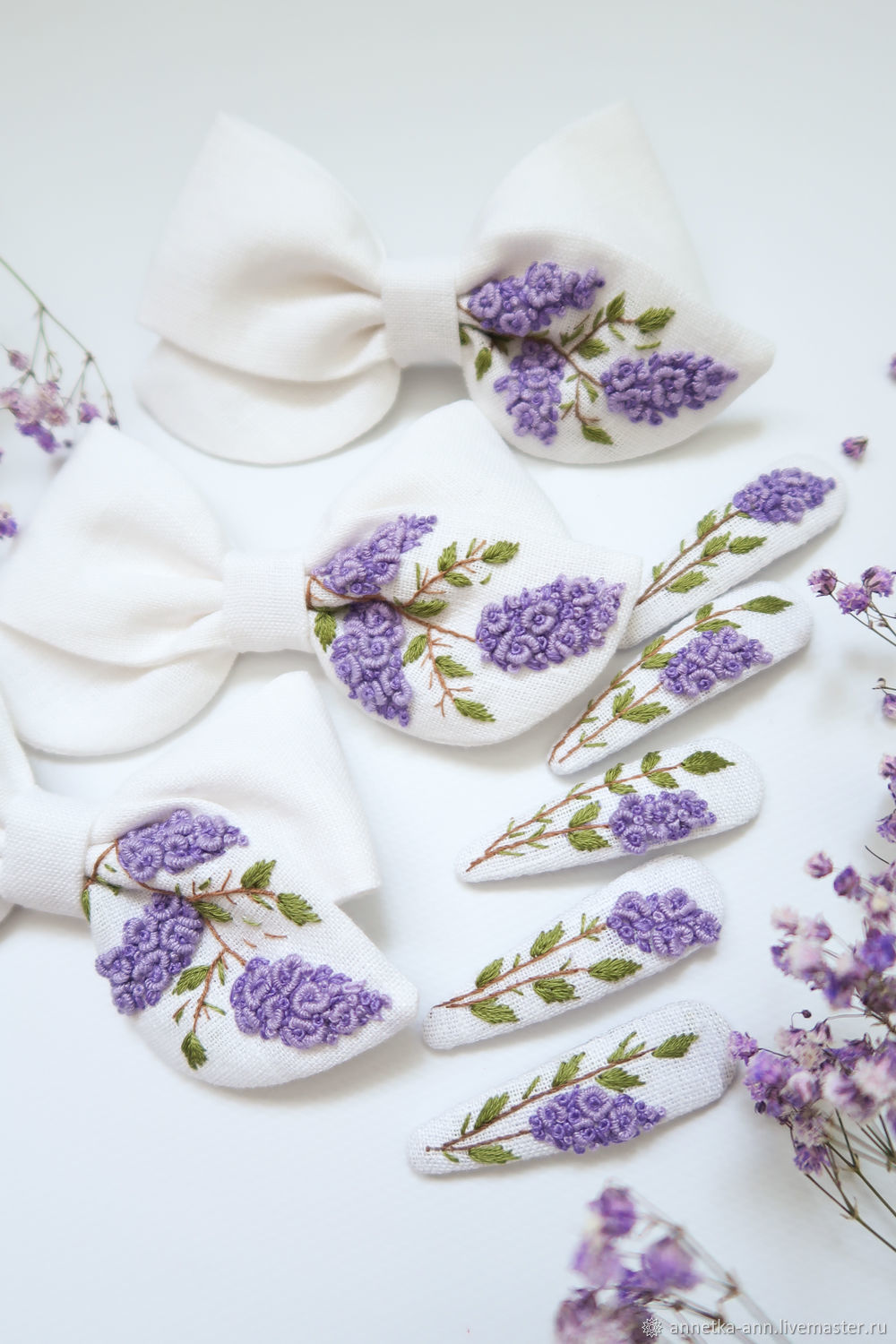 Bow and Hairpin, linen - embroidery Lilac, Hairpins, Fryazino,  Фото №1