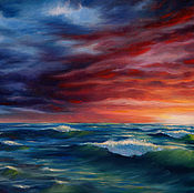 The picture sunset on the sea, oil on canvas on hardboard, 45h60 ×