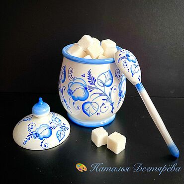 Посуда ручной работы. Ярмарка Мастеров - ручная работа Сахарница солонка деревянная ручная роспись в стиле Гжель. Handmade.