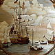 Маркетри версия картины  `HMS `Royal Sovereign` with a Royal yacht in a light air`, автор картины - Willem Van de Velde the Younger. 
Пример игры шпона.