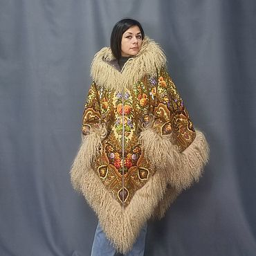Пончо из платка "Миндаль" с мехом ламы. National Brand (Катерина). Одежда женская ручной работы - Ярмарка Мастеров Одежда женская ручной работы. Ярмарка Мастеров - ручная работа Пончо из платка "Миндаль" с мехом ламы. Handmade.